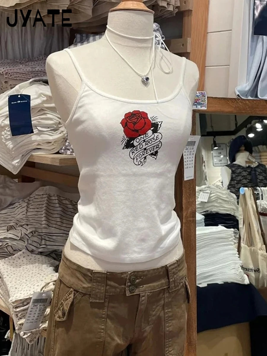 Sweet Rose Print Cotton Soft Tank Tops Women Summer New Casual Streetwear Sleeveless Slim Vests Vintage Chic Cute Camisole Y2K