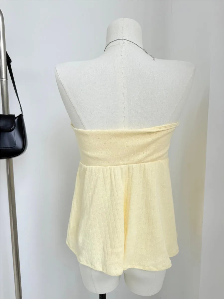Butter Yellow Folds Tank Tops Woman Summer Casual Cotton Slim All-match Strapless Vest Cute Sweet Preppy Style Camisole Y2K New