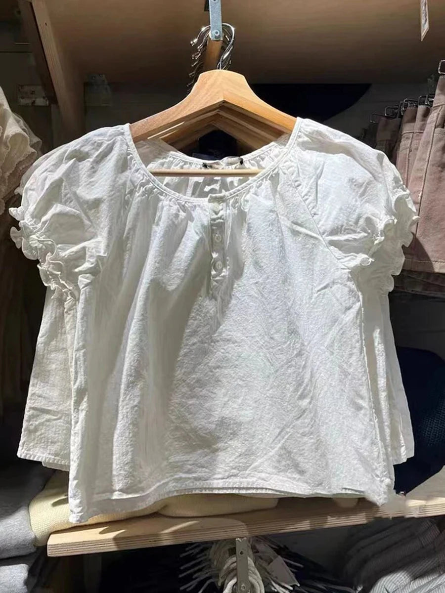 White Ruffle Lace-up Cotton Short Sleeve Tees Women Summer Casual Streetwear Button Tops Female Vintage Sweet Cute Y2K T-shirts