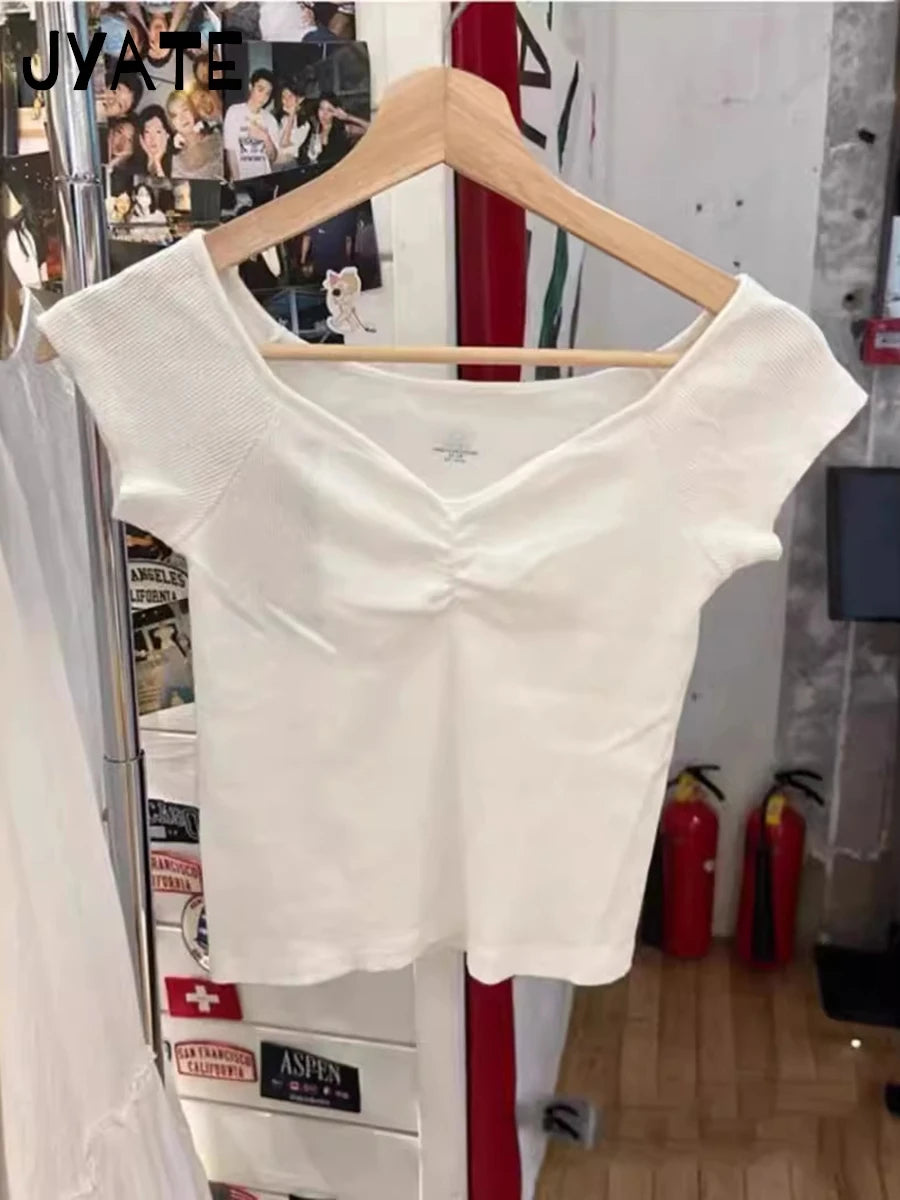 Simple Ribbed Cotton White Folds V-neck T-shirts Women Summer Casual Slim Short Sleeve Cropped Tee Sweet Basic Chic Tops Clothes