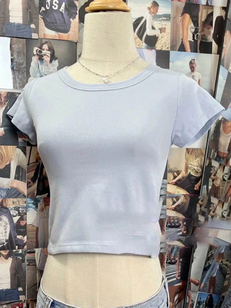 Solid Simple Basic Slim Crop Tops Women Summer Casual Cotton Soft O-neck Casual Short Sleeve Tees Harajuku Vintage T-shirts Y2K