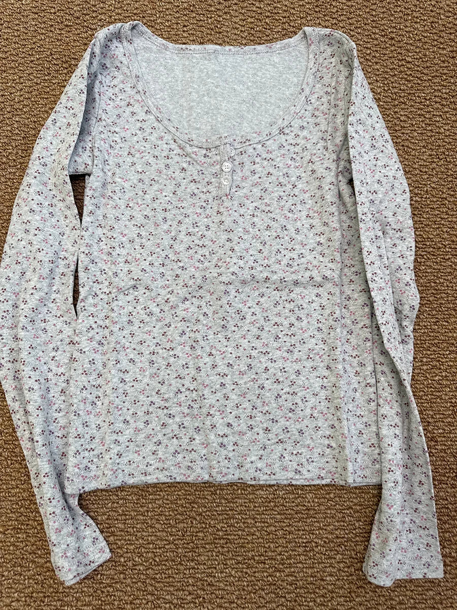 Floral Zelly T-shirts Women Spring Casual Simple Cotton Soft Button Long Sleeve Tees Sweet Cute Preppy Style Tshirt