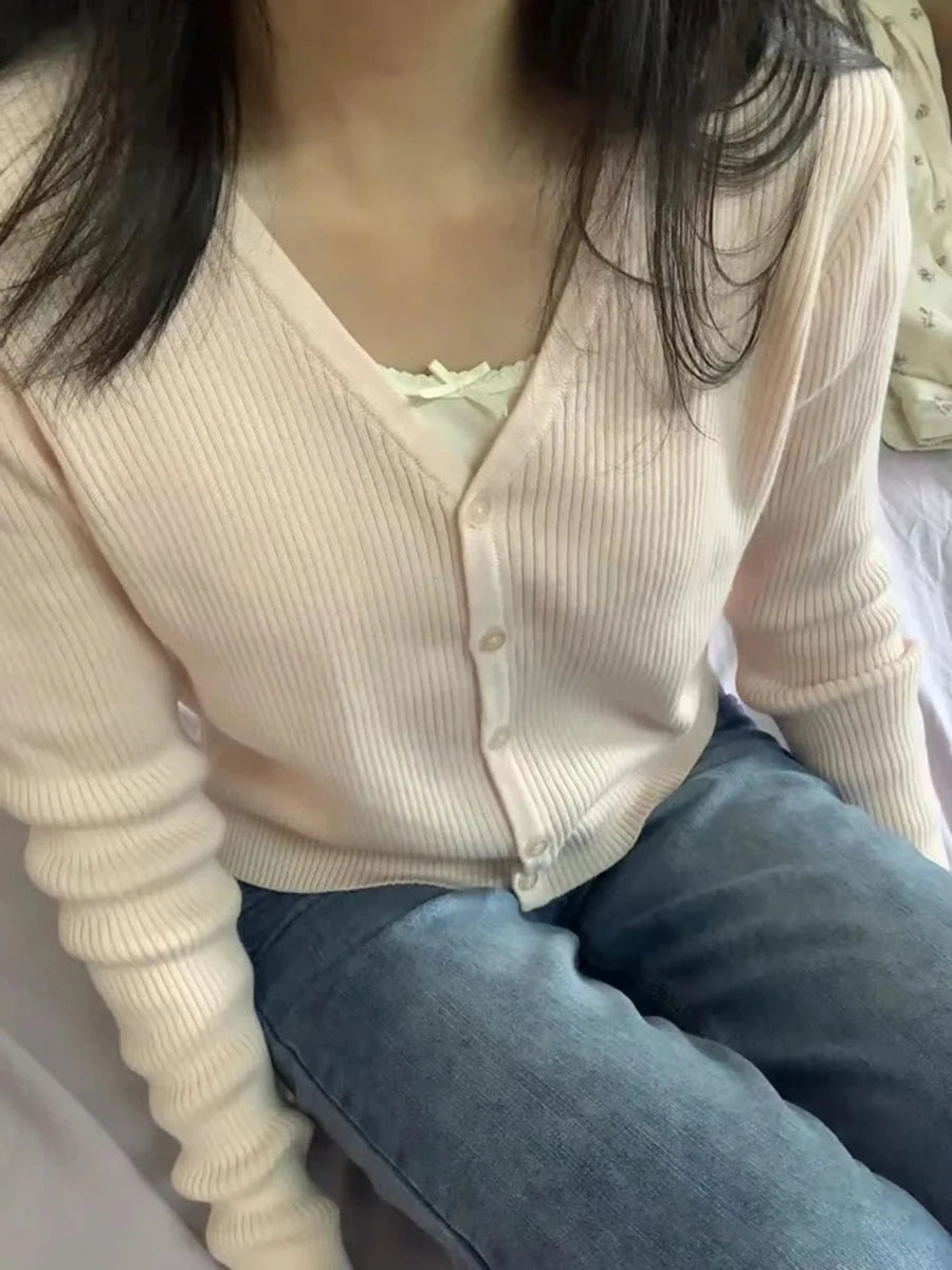 Pink Ribbed V-neck Sweater Coat Women Autumn Cotton Buttons Slim Basic Short Cardigan Vintage Sweet Cute Chic Y2K Jumpers Tops