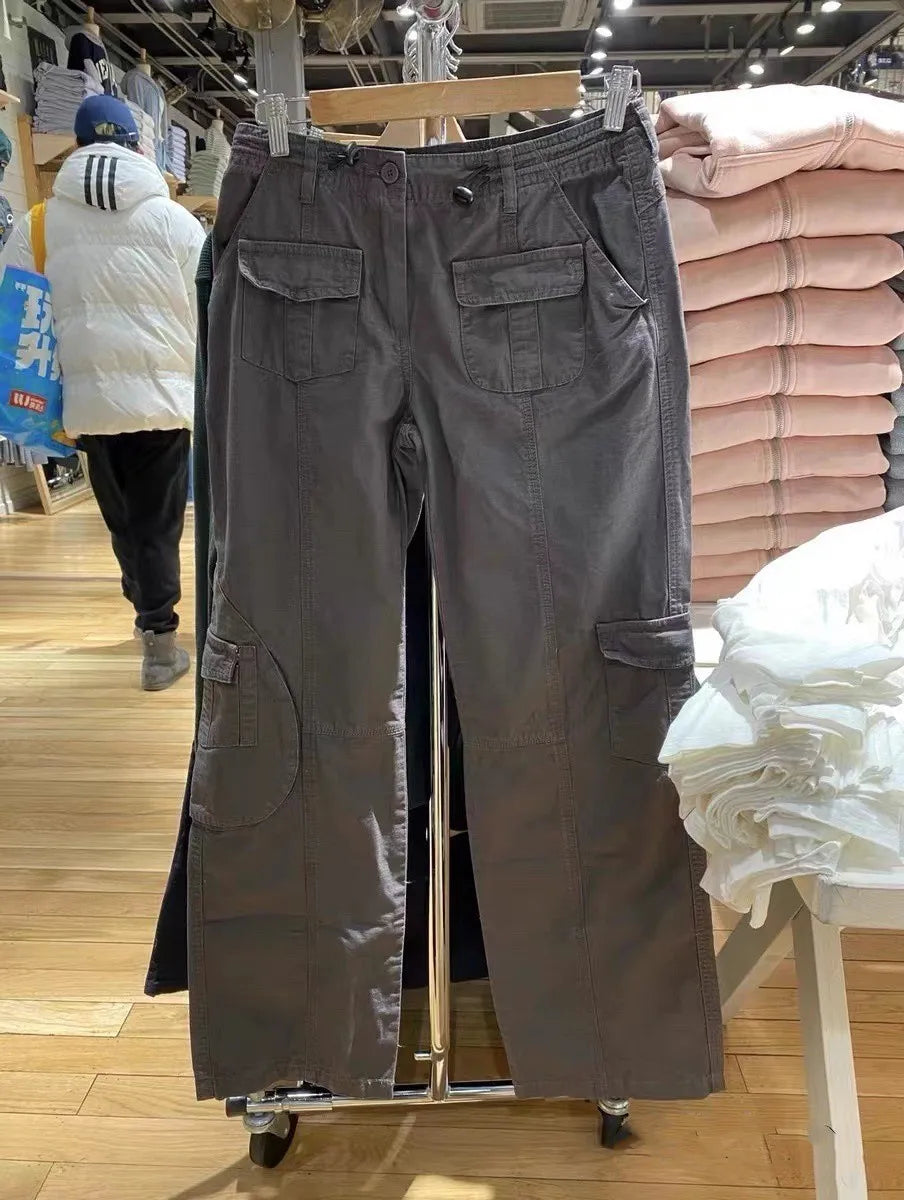 Vintage Army Green Retro Pockets Low Waist Straight Pants Women Spring Streetwear Casual Cargo Pant Harajuku Baggy Y2K Trousers