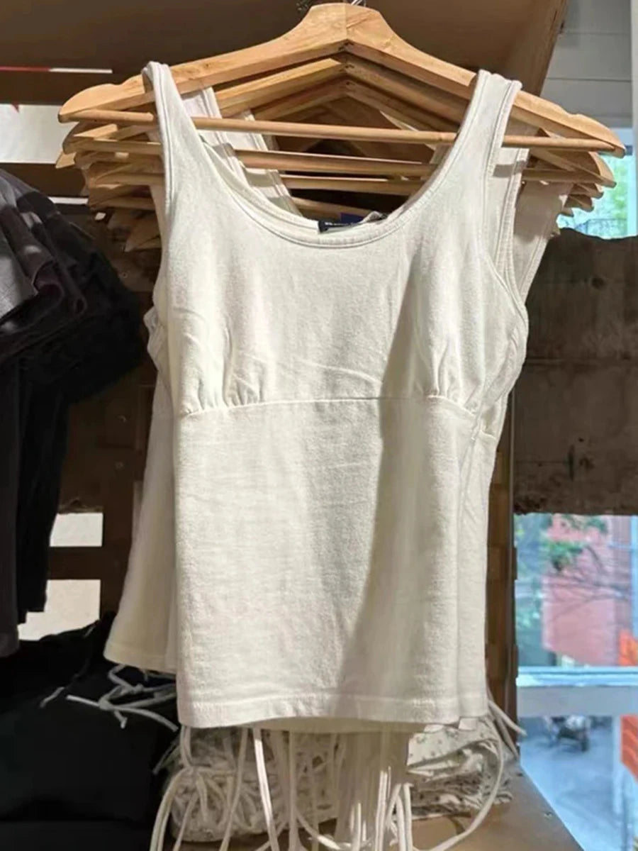 White Lace Trim Sleeveless Tank Tops Women Casual Soft Cotton V-neck Slim Cropped Vests Vintage Sweet Cute Preppy Style Camisole