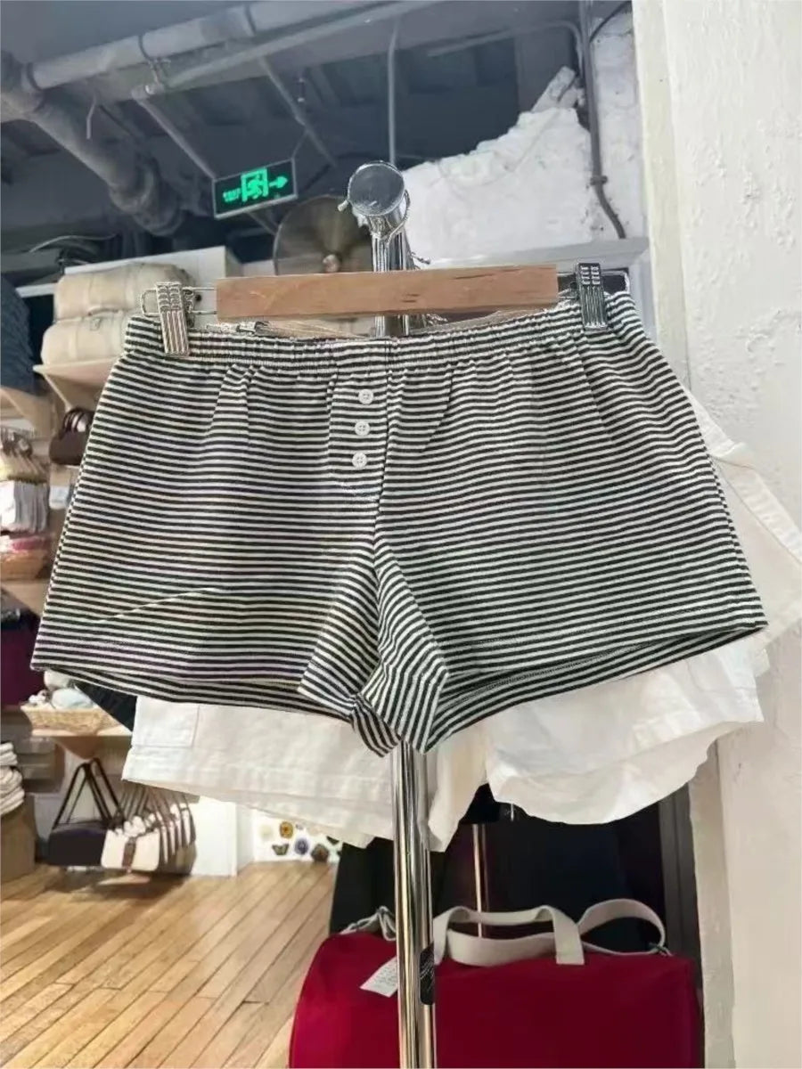 Fashion Striped Buttons Short Pants Women Summer Casual Elastic High Waist Home Underwear Vintage Cute Preppy Style Y2K Shorts
