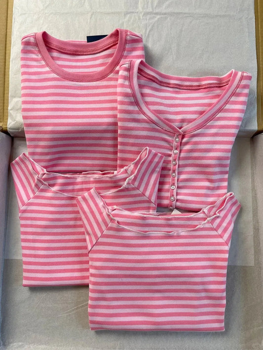 Pink Striped Slash Neck T-shirt Women Summer Casual Streetwear Slim Cotton Short Sleeve Tees Colthes Sweet Cute Simple Tops Y2K