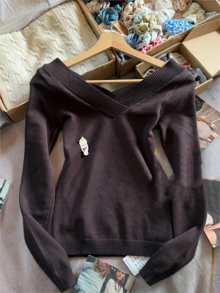 Brown Retro Knitted Long Sleeve Tees Women Autumn Cotton Simple Sexy V-neck Slim T-shirts Vintage Sweet All-match Tops Pullover