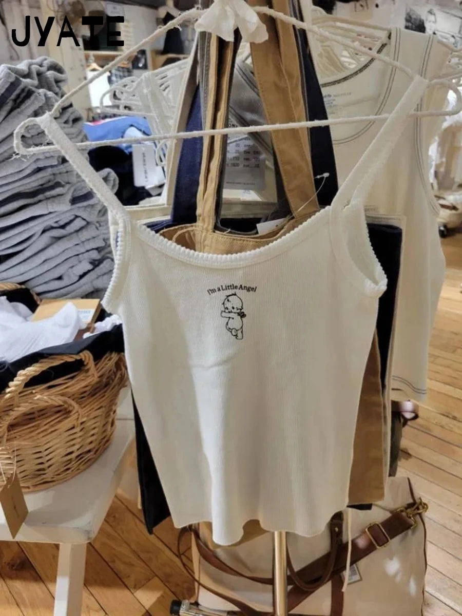 Cute Angel Print Ribbed Camisole Women New Cotton Casual Lace Trim Sleeveless Cropped Vest Girl Sweet Preppy Style Tank Tops Y2K