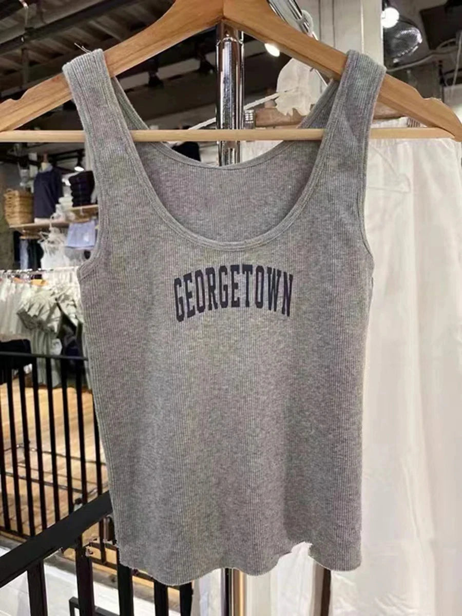 Fashion Gray Letter Print Sleeveless Vests Women Summer Slim Sexy Ribbed Chic Streetwear Crop Tops Female Vintage Y2K Cute Camis