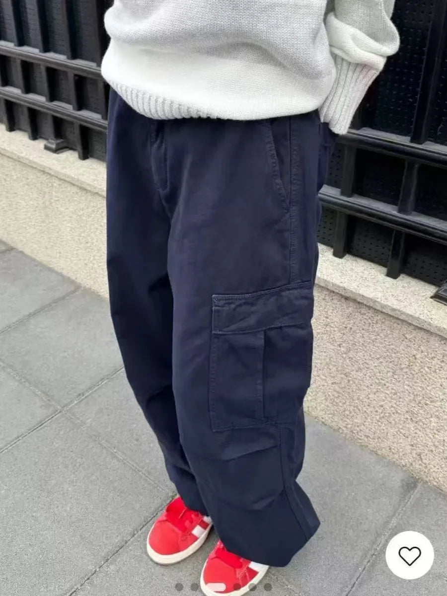 Navy BLue Pockets Loose Cargo Pants Women Spring Drawstring Hem Trousers Streetwear Straight Baggy Sweatpants Long Pant New Y2K