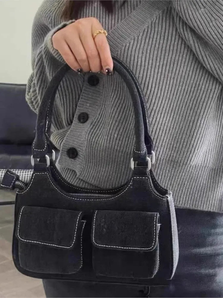 Vintage Denim Shoulder Bag Women New Cute Pockets High Zipper High Quality Ladies Bags Streetwear Chic Preppy Style Handbags Y2K