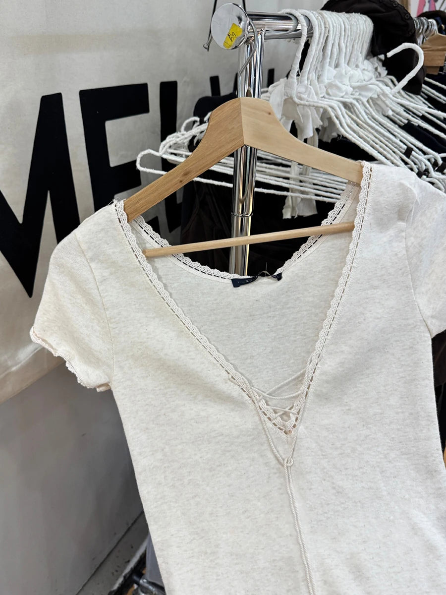 Lace Trim Slim T-shirts Women Summer Streetwear Cotton Lace-up V-neck Short Sleeve Tees Female Sweet Simple Chic Tshirts Y2K