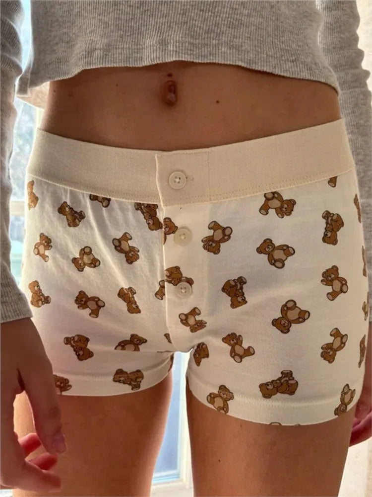 White V Neck T-shirts+little Bear Print Shorts Two Piece Set Cute Home 2 Piece Sets Women Outfit Vintage Cotton Slim Short Sets