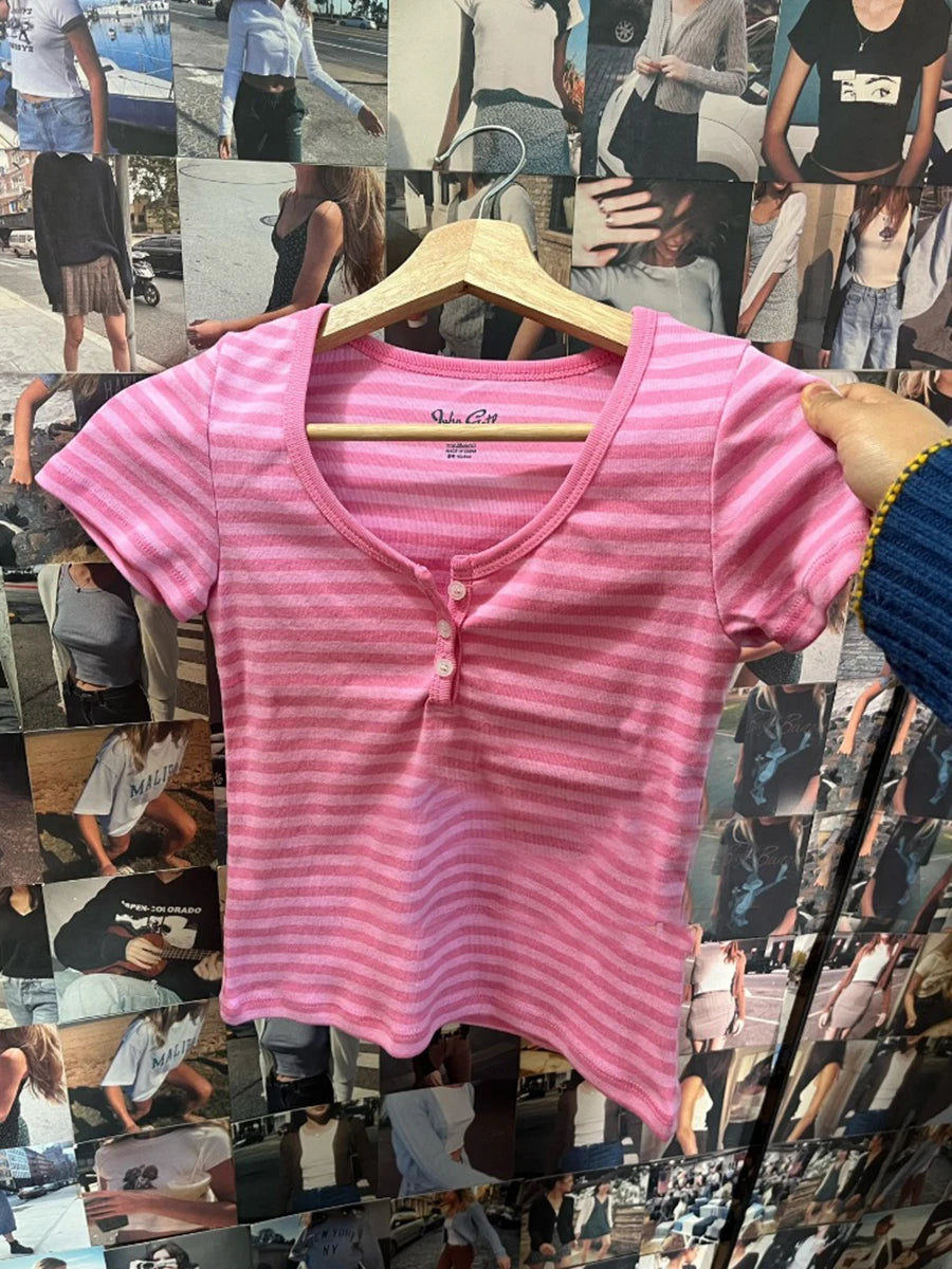 Sweet Little Pink Striped T-shirts Women New Cotton O-neck Casual Slim Buttons Short Sleeve Tees Cute Basic Girls Tshirt Y2K Top