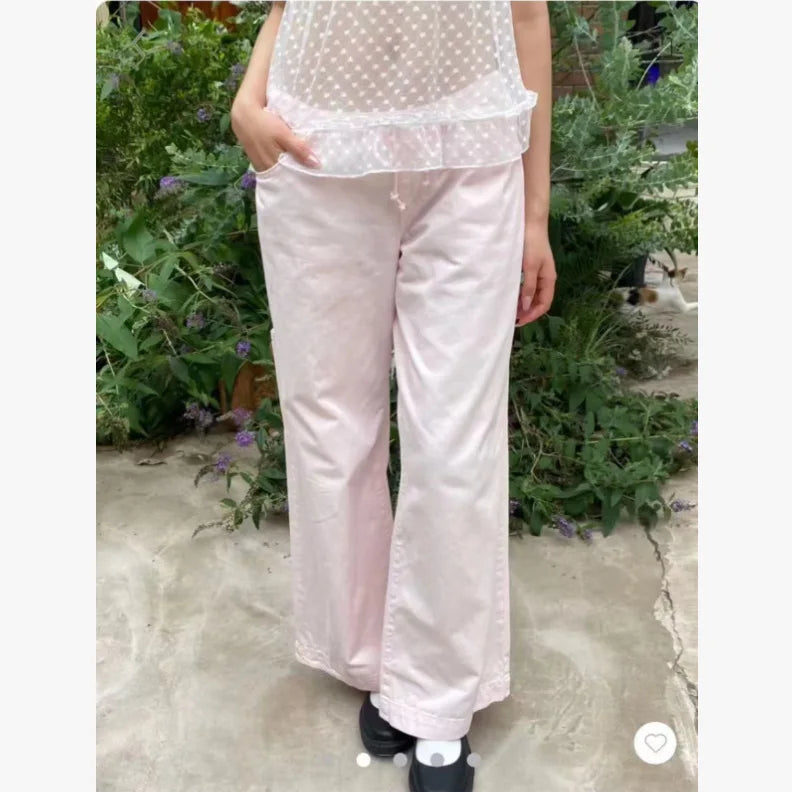 White Drawstring Basic Loose Pants Women Autumn Sexy Low Waist Pockets Straight Long Pant Baggy Streetwear Vintage Trousers Y2K