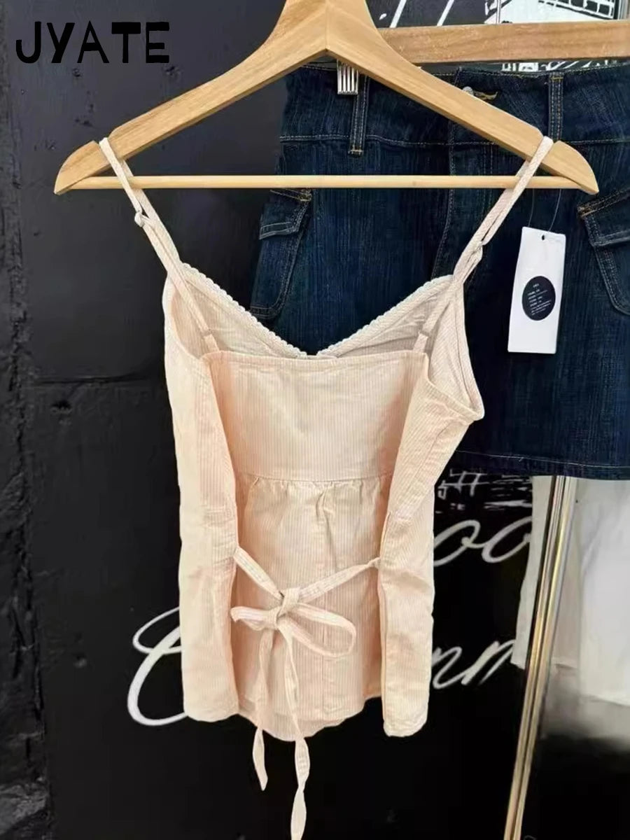 Pink Striped Buttons Tank Tops Women New Casual V-neck Lace Trim Preppy Style Sleeveless Vests Sweet Cute Vintage Camisole Y2K