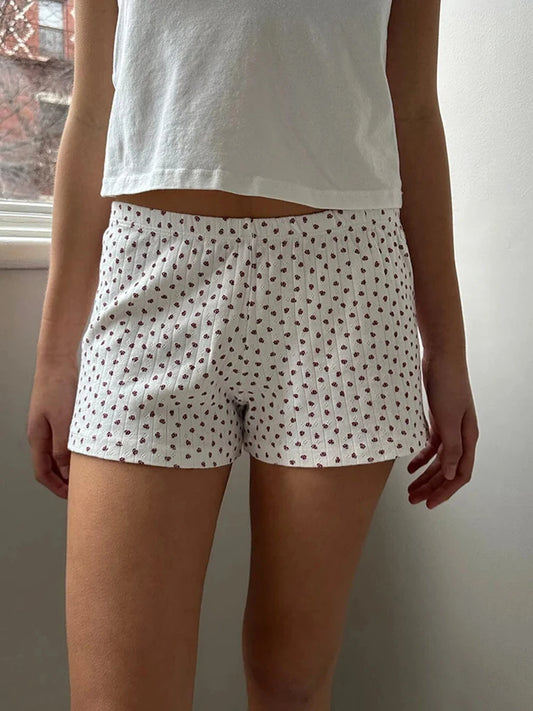 Red Floral Print Cotton Short Pants Women Summer Casual Eyelet High Straight Homewear Vintage Sweet Cute Sweatshorts Y2K
