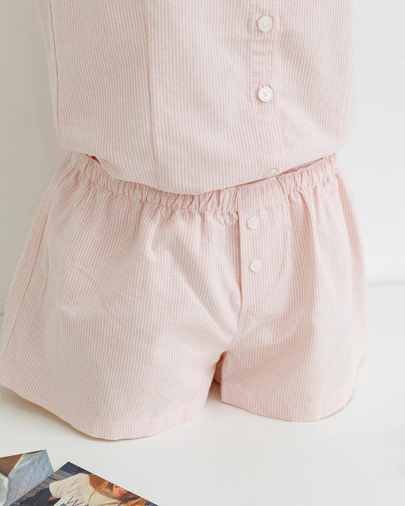 Pink Buttons Blouse T-shirt Short Sets Women Slim Short Sleeve Tees+Straight Sweatshorts Sweet Cute Home Pajama 2 Piece Outfits