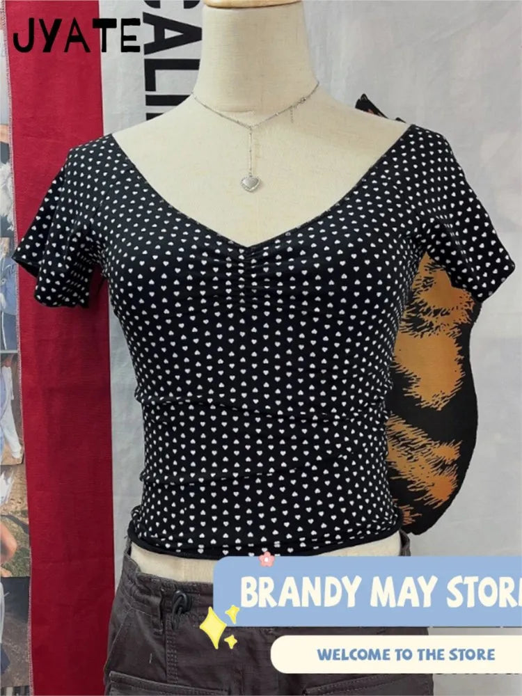Harajuku Heart Print V-neck Short Sleeve Tees Female New Cotton Folds Chic Slim Sexy Crop Tops Vintage Sweet Cute T-shirts Y2K