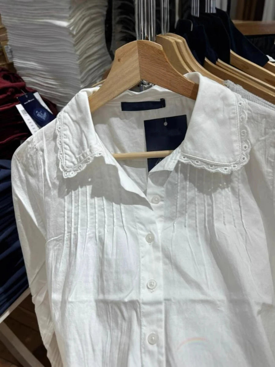 Sweet Lace Trim Collar Buttons Blouse T-shirts Women White Slim Casual Long Sleeve Tees Girls Cute Preppy Style Y2K Crop Tops