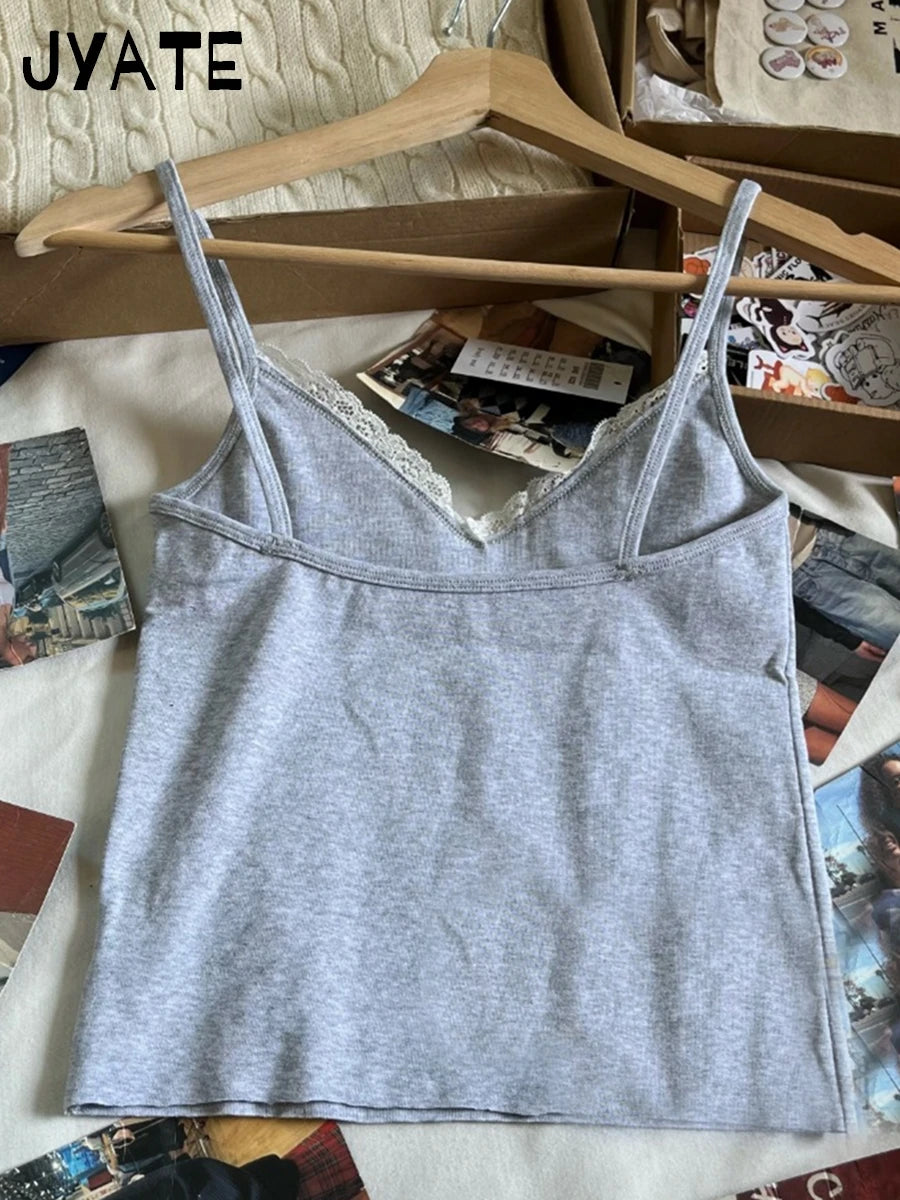 Simple Lace Trim V-neck Camisole Women New Cotton Soft Basic Casual Slim Sexy Sleeveless Vests Sweet Cute Vintage Tank Tops Y2K