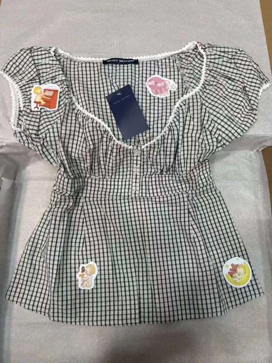 Vintage Gray Plaid Short Puff Sleeve Tee Women Three Button Square Neck Lace Trim T-Shirt Blouse Sweet Cute Retro Crop Tops New