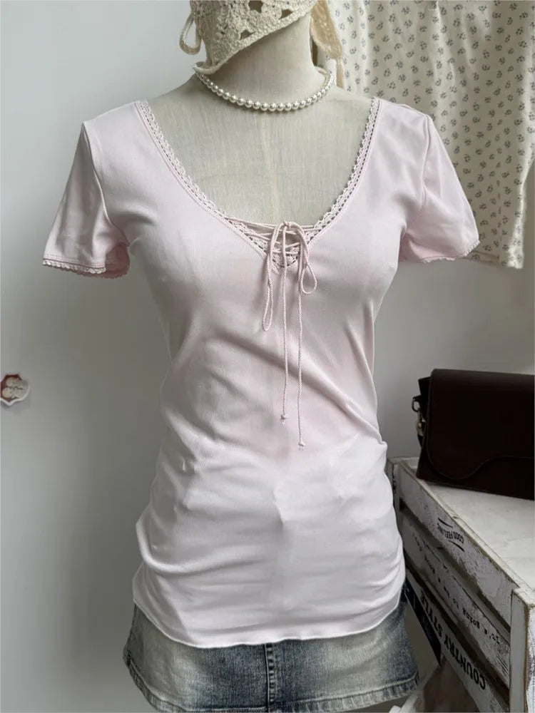 Pink Lace Trim Slim T-shirts Women Summer Streetwear Cotton Lace-up V-neck Short Sleeve Tees Cute Sweet Simple Chic Tshirts