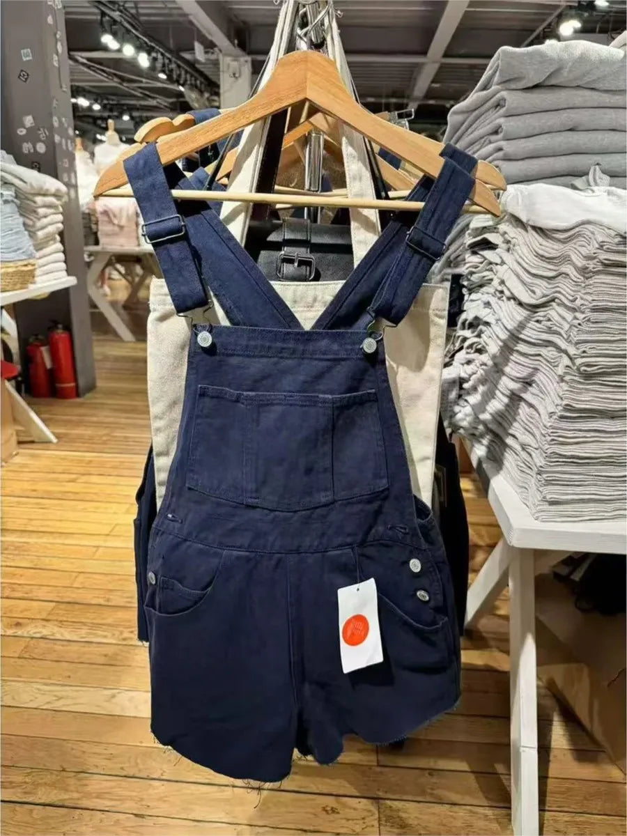 Vintage Navy Raw Hem Denim Overalls Women Summer Casual High Waist Pockets Straight Short Pants Streetwear Preppy Style Shorts