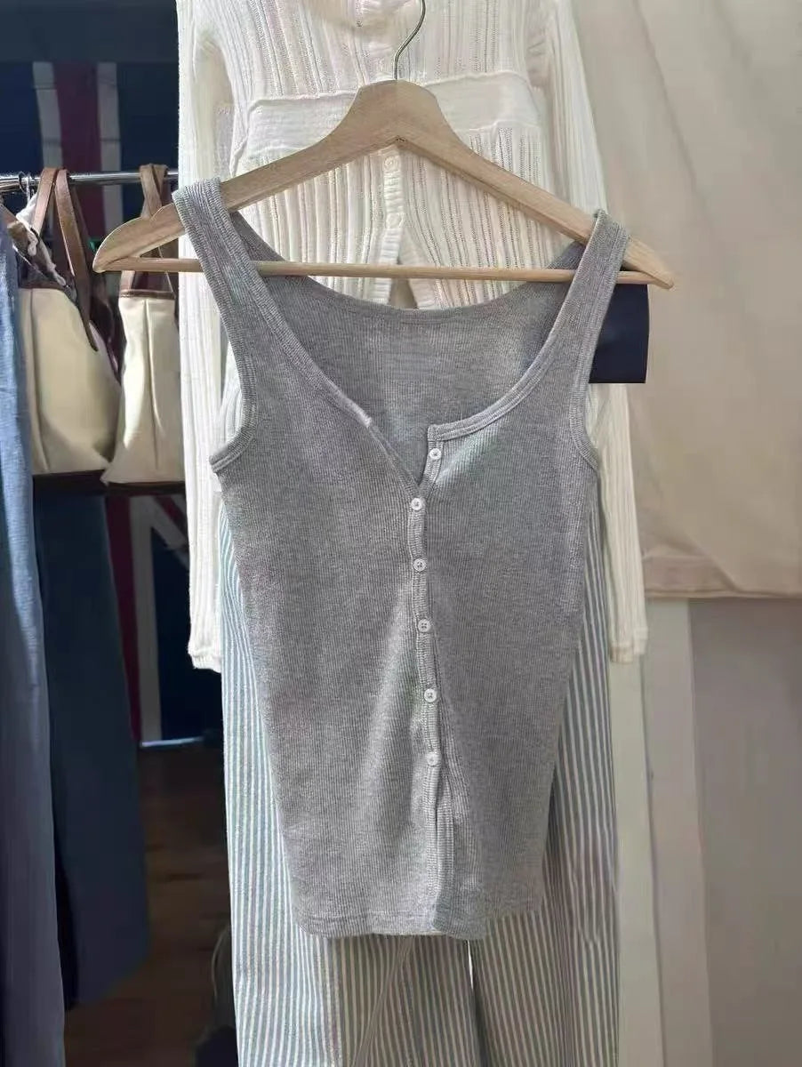 New White Lace Trim Slim Tank Tops Women Casual Cotton U-neck Buttons Sleeveless Cardigan Vests Sweet Preppy Style Cute Camisole