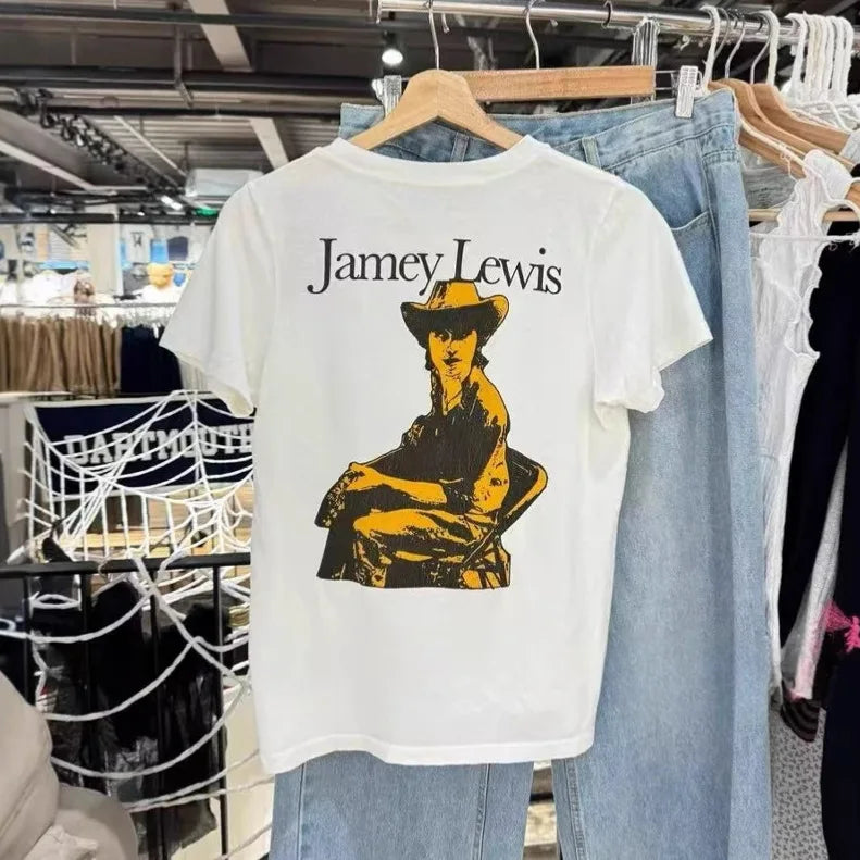 Retro American Cowboy Print T-shirts Women Summer New Streetwear Casual Cotton Short Sleeve Tees Vintage Chic Preppy Style Tops