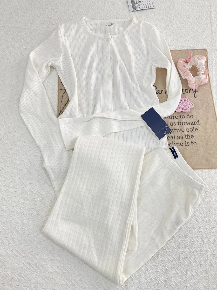 White Eyelet 2 Piece Sets Women Buttons Cotton Long Sleeve Tee+Elastic Waist Straight Trousers Home T-shirt Pant Pajama Set Y2K