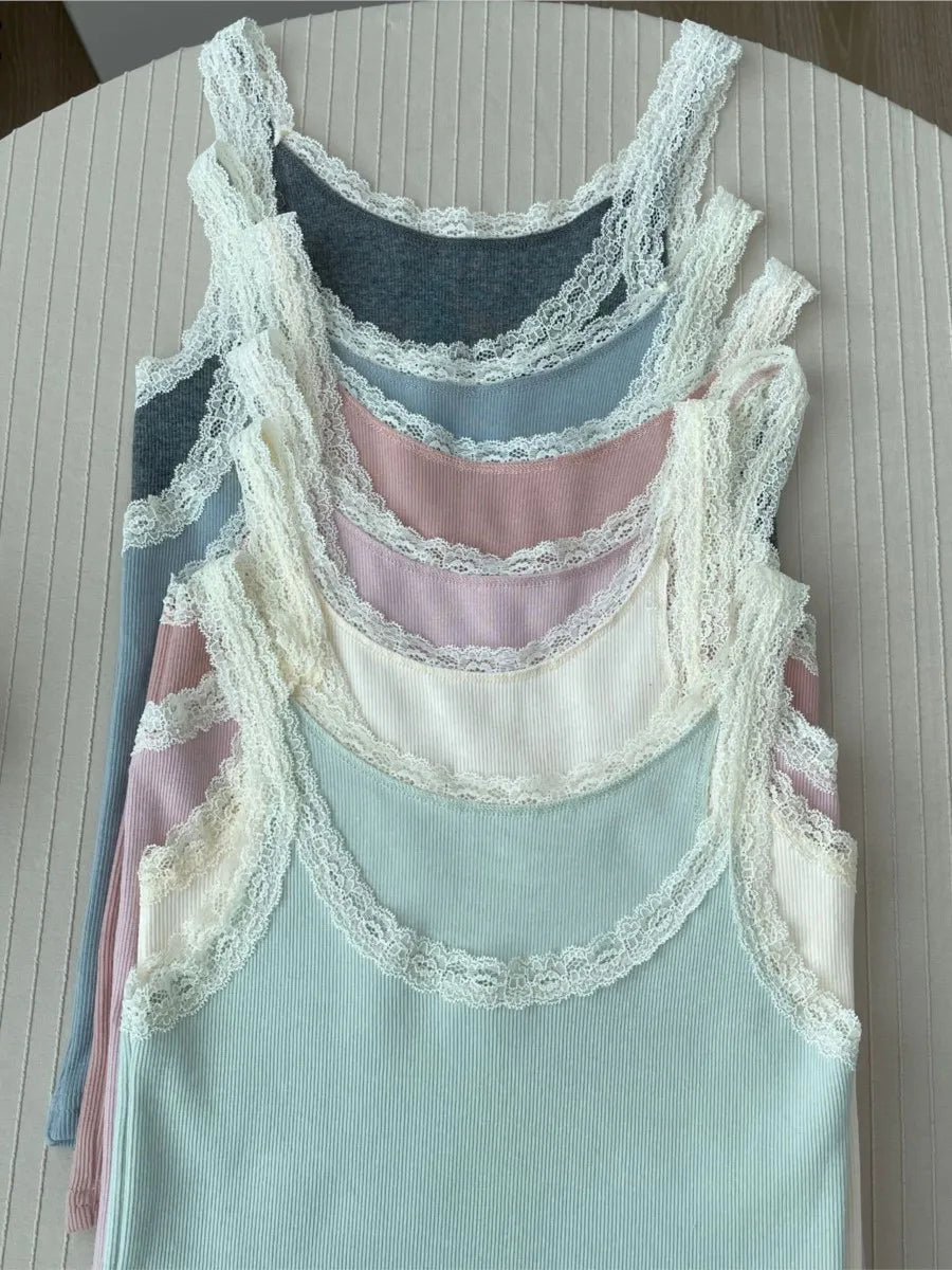 Sweet Lace Trim Cotton Sleeveless Vest Women Summer New Casual Slim U-neck Sexy Tank Tops Cute Vintage Preppy Style Camisole Y2K