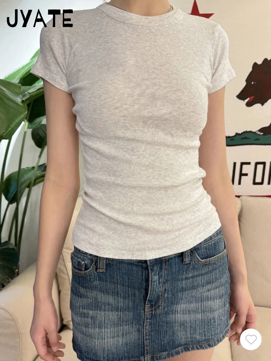 Basic Gray Cotton Soft T-shirts Women Summer New Casual Slim Simple O-neck Short Sleeve Tees Sweet Chic Preppy Style Tops Y2K