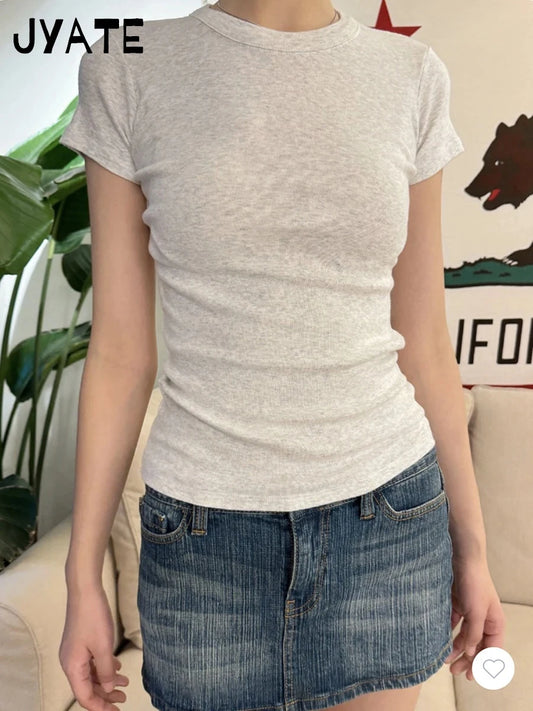 Basic Gray Cotton Soft T-shirts Women Summer New Casual Slim Simple O-neck Short Sleeve Tees Sweet Chic Preppy Style Tops Y2K