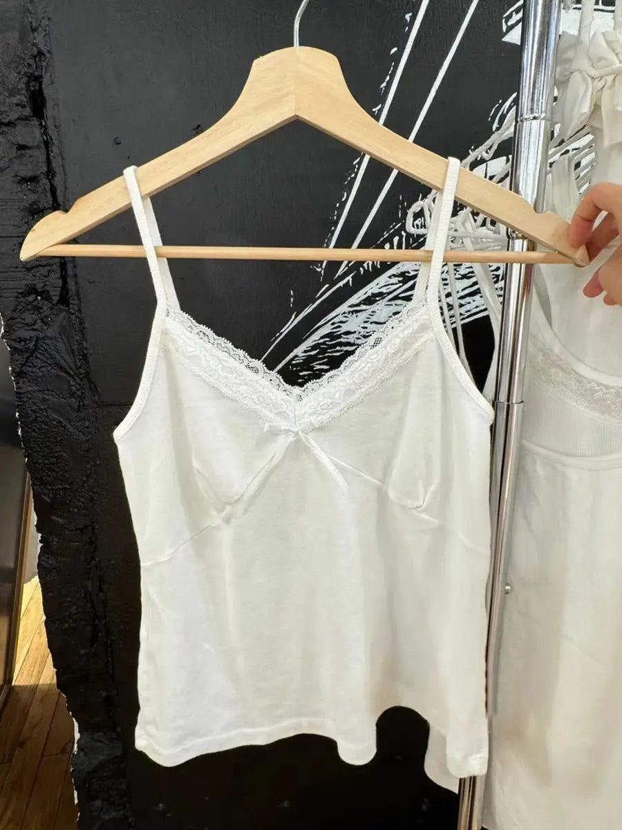Sweet Bow White Tank Shorts Cotton Set Women Lace Trim V-neck Vest+Buttons Straight Short Boxer Short Pant Cute Home Pajama Sets