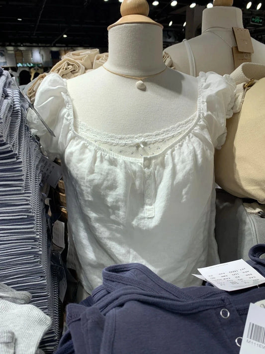 White 5 Buttons Lace-up Ruffles Sleeve Tees Women Summer Casual Flax Cotton U-neck Tops Sweet Preppy Style Cute T-shirts New Y2K