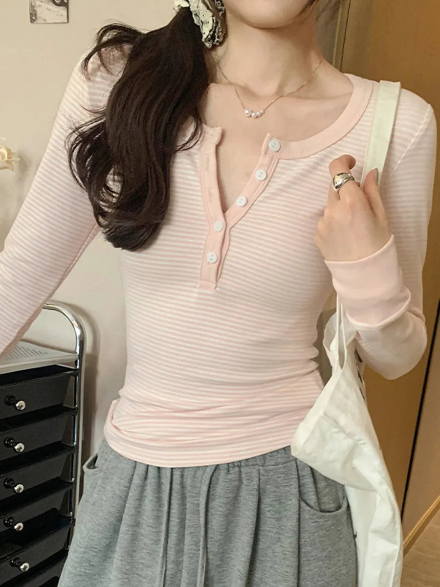 Pink Striped Patchwork Slim T-shirt Women Buttons O-Neck Cotton Long Sleeve Tee Sweet Preppy Style Cute Tshirt Y2K Top Clothes
