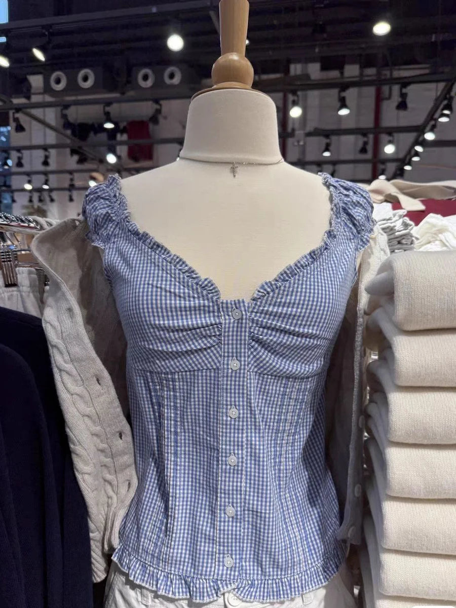 Ruffles Puff Sleeve T-shirt Short Set Women Blue Plaid Buttons Slim Tees+Straight Sweatshorts Sweet Home Pajama 2 Piece Sets Y2K