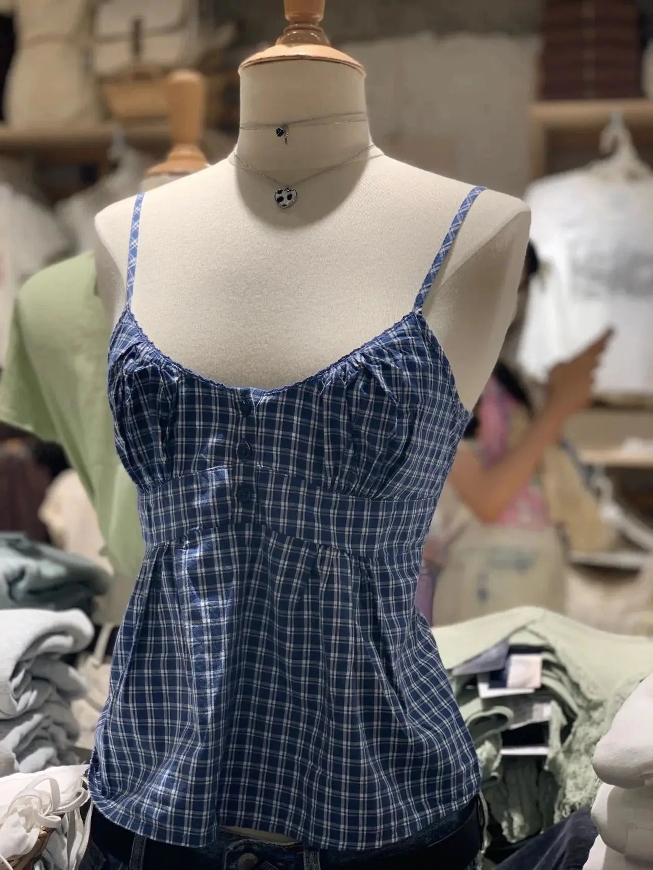 Gray Plaid Slim Buttons Tank Top Woman Summer New Lace Trim V-neck Back Lace-up Cotton Camis Vintage Sweet Chic Crop Tops Y2K