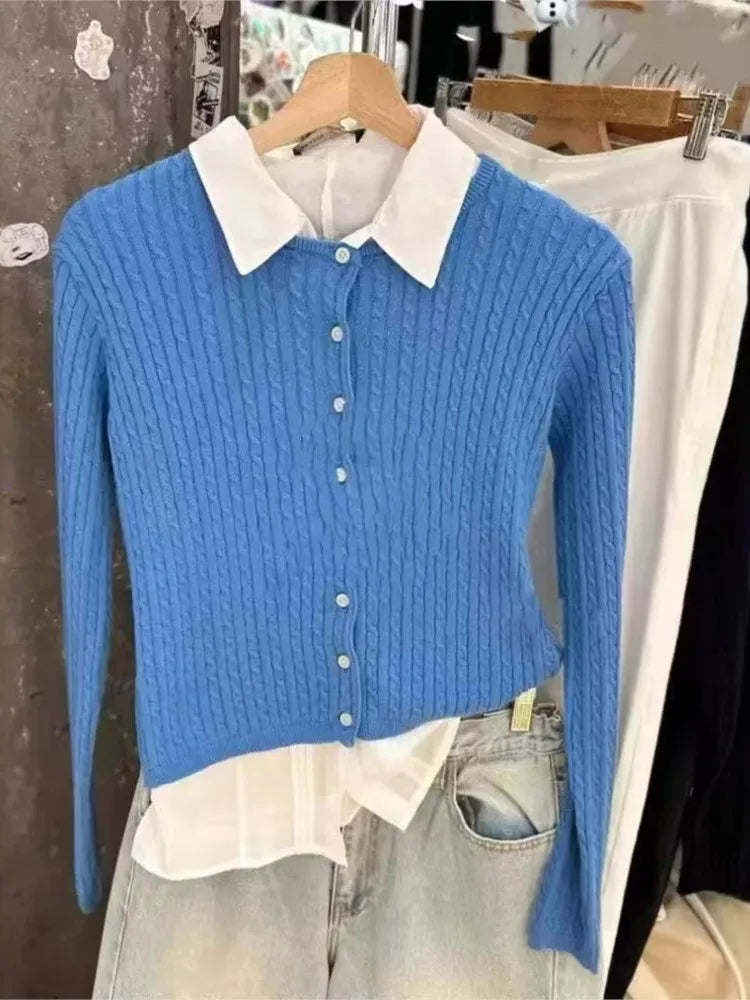 New Blue Twisted Flower Knit Cardigan Women Autumn Casual O-neck Single-breasted Slim Crop Tops Vintage Preppy Style Sweater Y2K
