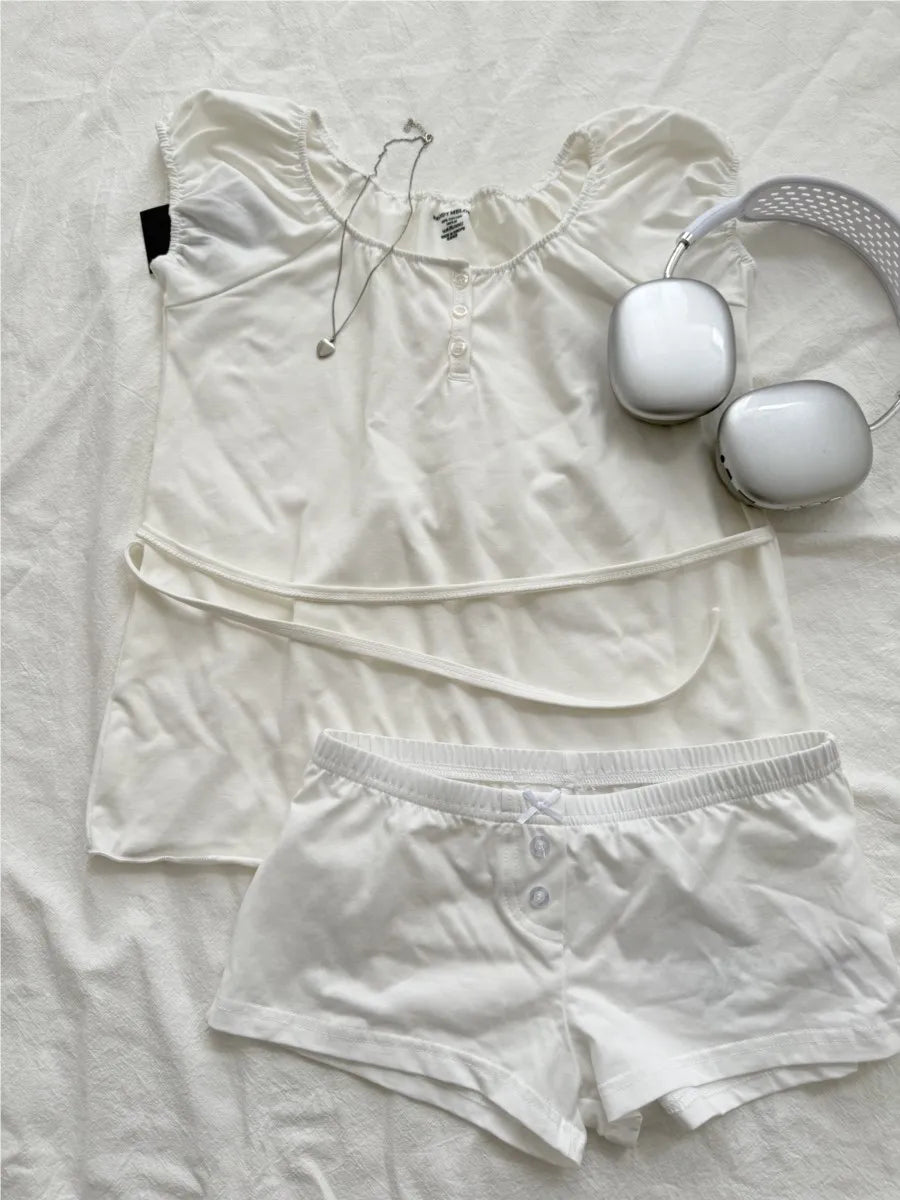 White Back lace-up T-shirt Shorts 2 Pieces Sets Women Cotton Slim Buttons Crop Top+Bow Home Shorts Sweet Two Piece Clean Outfit