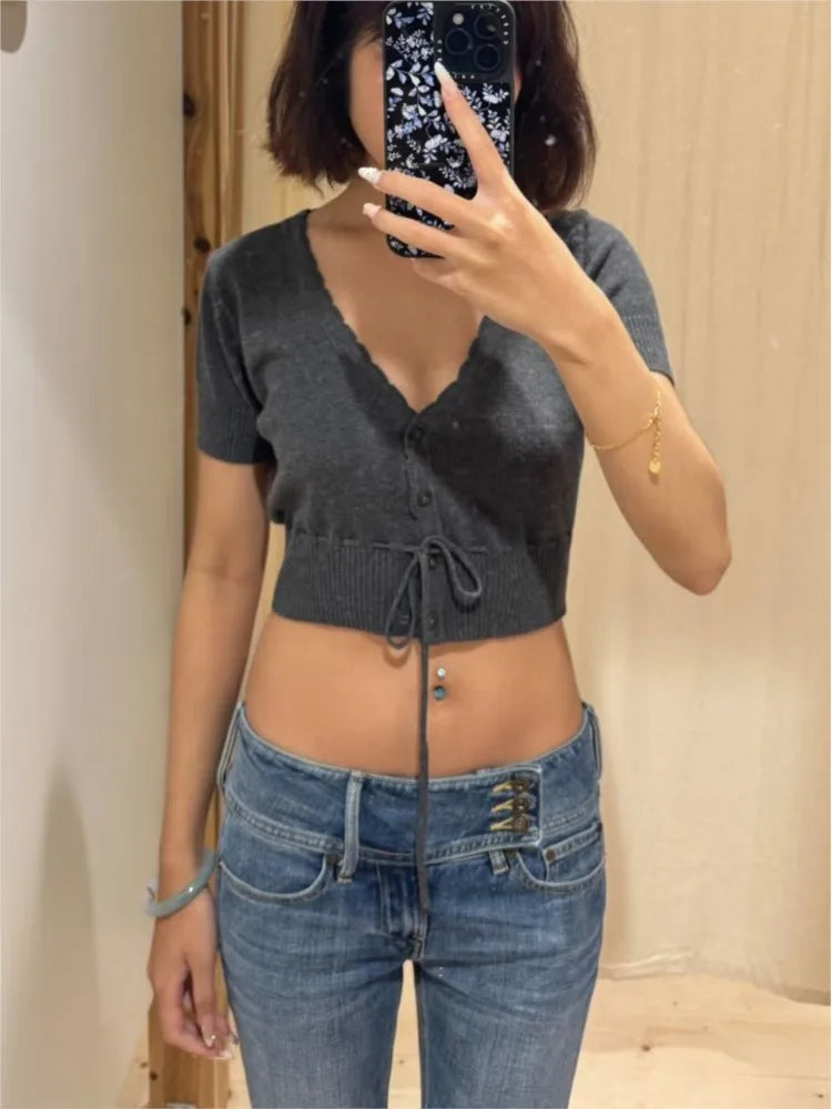 Solid Drawstring Slim Cropped Knitwear Top WomenV-neck Short Sleeve Cotton Thin Short T-shirts Sweet Casual Simple Crop Tops