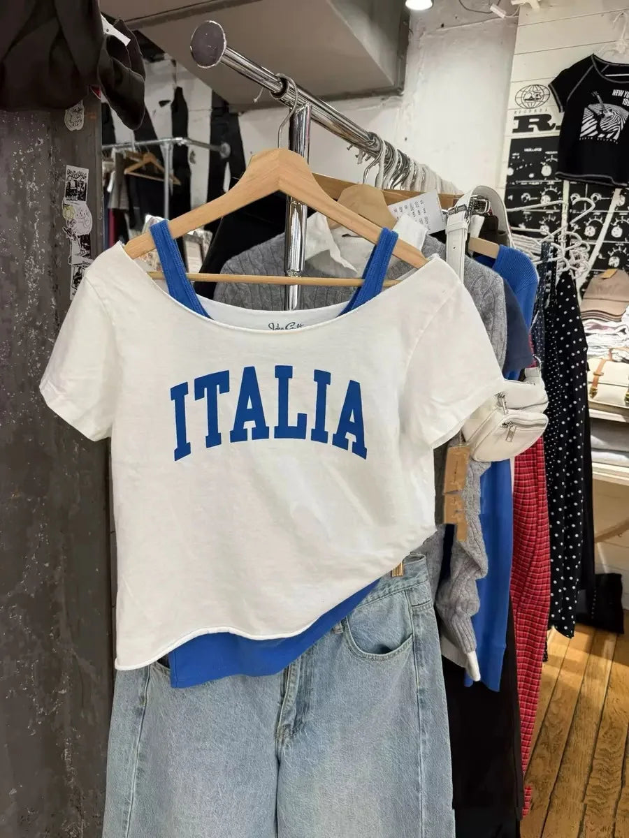 Letter Print Slash Neck T-shirts Women Simple All-match Cotton Raw Hem Short Sleeve Tees Female Vintage Sweet Y2K Crop Tops New