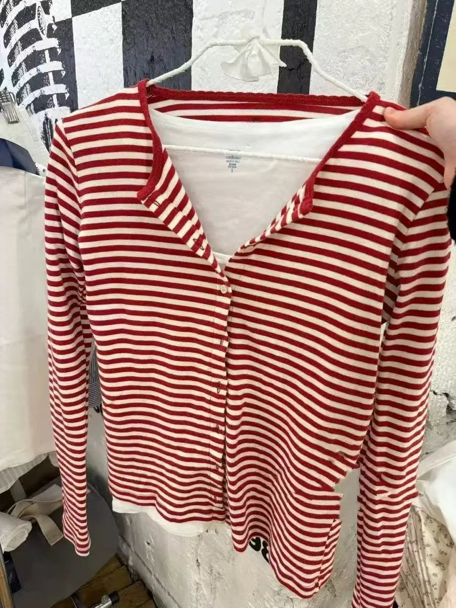 Sweet Red Striped Slim Long Sleeve T-shirt Women Preppy Style O-neck Single Breasted Cotton Tee Shirts Cute Basic Simple Top New