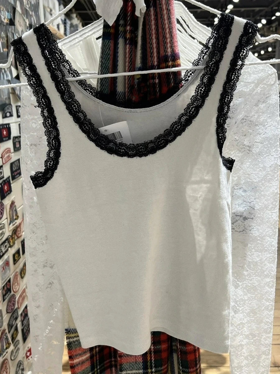 New Sweet Blue Lace Trim Tank Tops Women Summer Cotton Slim Sexy Simple Sleeveless Vests Harajuku Vintage Cute Camis Y2K Clothes
