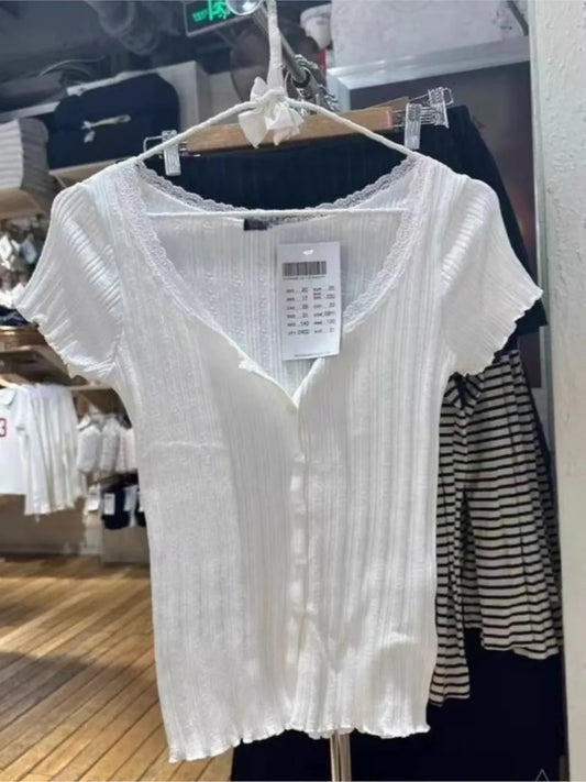 Basic White Lace Trim Buttons T-shirts Women New Spring Casual Slim O-neck Short Sleeve Tees Sweet Cute Vintage T Shirt Y2K Tops