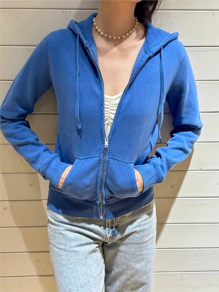 Electric Blue Zipper Hoodies Women Autumn Loose Pockets Drawstring Hoodie Tops Vintage Sweet Preppy Style Y2K Sweatshirts Coat