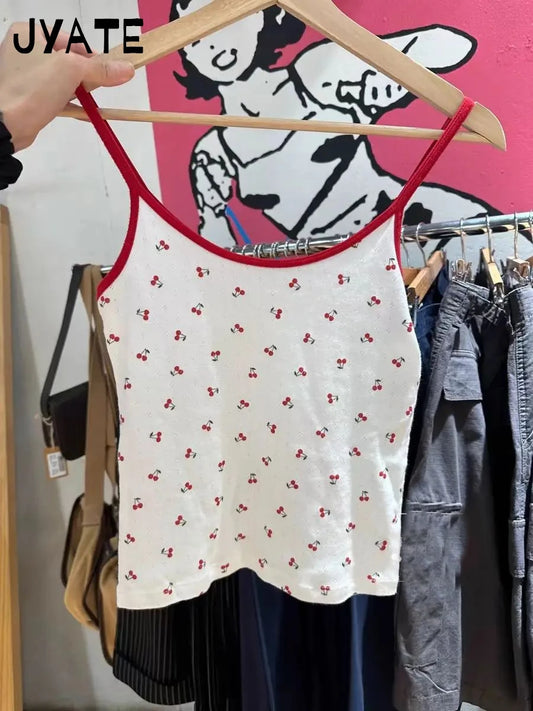 Cherry Print Patchwork Eyelet Camisole Women New Cotton Soft Casual Slim Sleeveless Cropped Vests Vintage Sweet Cute Tank Tops