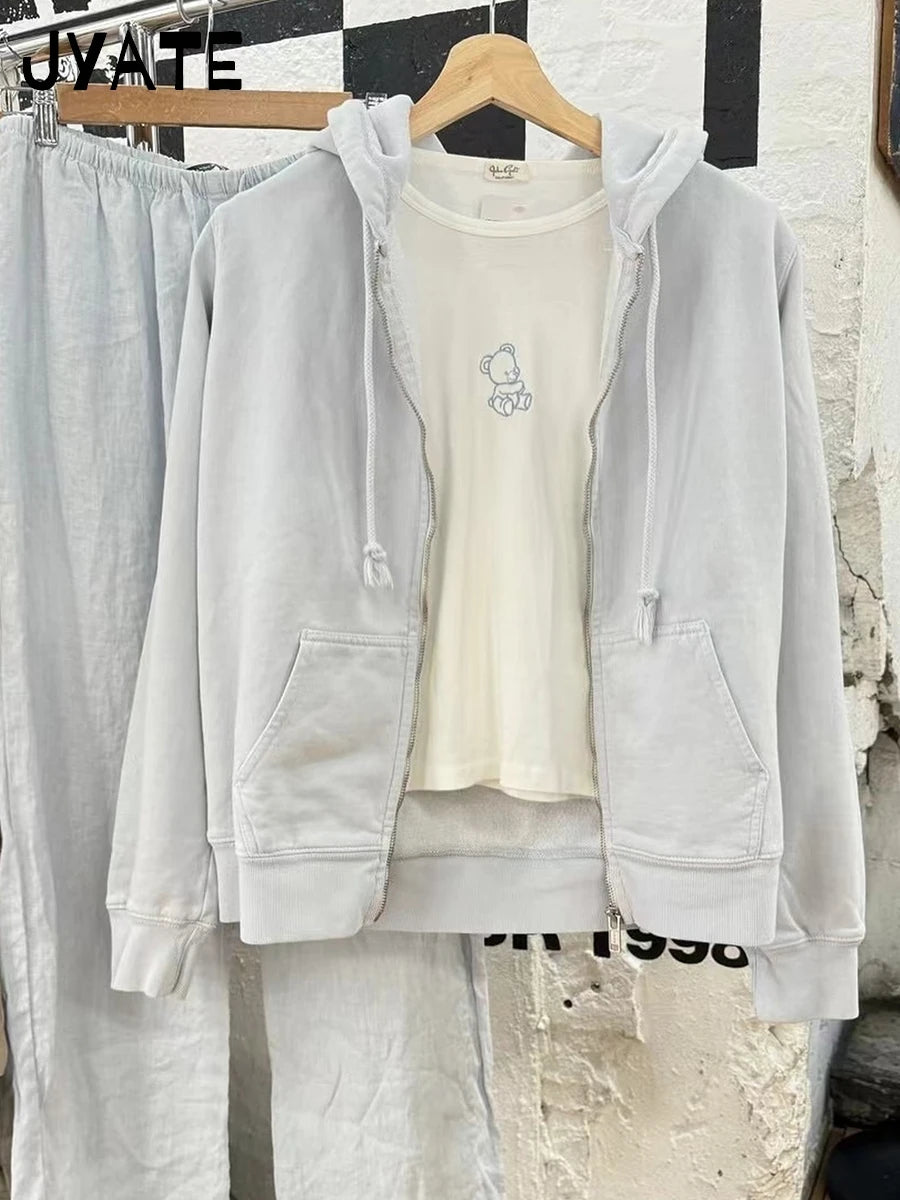 Simple Blue Cotton Oversized Hoodies Coat Women Autumn Casual Pocket Drawstring Zip-up Pullover Sweet Chic Vintage Sweatshirts